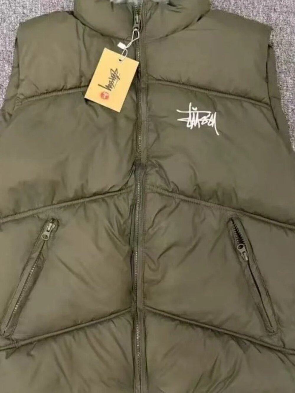 Stussy Puffer Vest Olive Green Logo Embroidered Zip Up Streetwear Size L